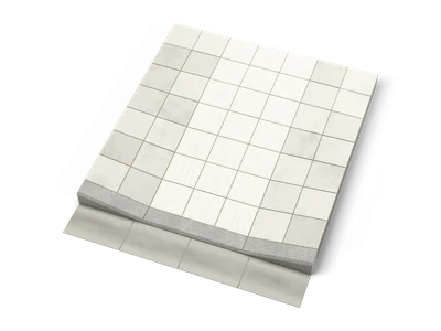 Pieza de acera modular con bordillo de granito rebajado, losas inclinadas y pavimento táctil blanco