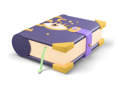 Libro de hechizos de cuero violeta con gran ojo dorado, luna y estrellas, correa de cierre y páginas luminosas