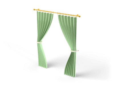Two sage green curtains on a gold rod, tied back at the sides with cream bands