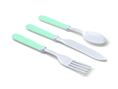 Fork, knife and spoon with mint green handles and blue-grey steel heads lying side by side