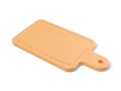Honey-colored wooden cutting board with a juice groove and a handle with a hanging hole