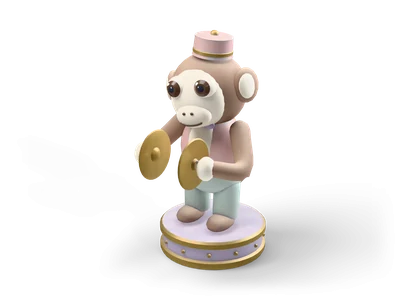 Brown tin toy monkey with big eyes holding two brass cymbals on a lavender drum base