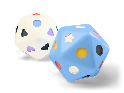 Dos dados de veinte caras, uno crema y otro azul claro, con pequeñas estrellas, corazones y puntos de colores