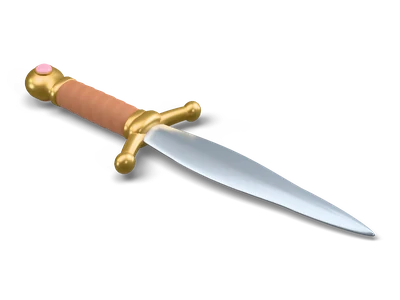 Stylized dagger lying flat with a leaf-shaped steel blade, forward-curved brass crossguard, leather grip and a pink gem in the brass pommel