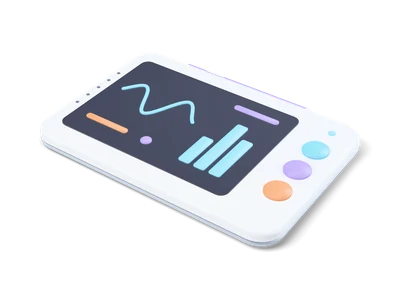 White tablet with a dark screen showing a cyan wave and bars, three round colour buttons and a lilac stylus