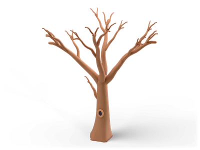 Stilisierter blattloser Baum mit warmbrauner Rinde, knorrigen gegabelten Ästen und kleinem dunklem Astloch am Stamm