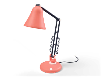 Coral architect desk lamp with dark jointed arms, springs and a cone shade on a round coral base