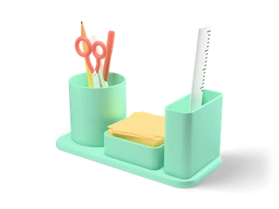 Organizador de escritorio menta con bolígrafos, lápiz y tijeras coral en un cubilete, notas adhesivas amarillas y regla blanca