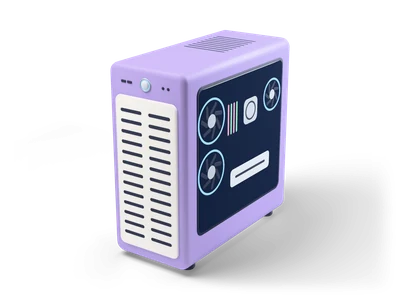 Lavender desktop PC tower with light vented front panel and a dark side window with glowing blue fan rings