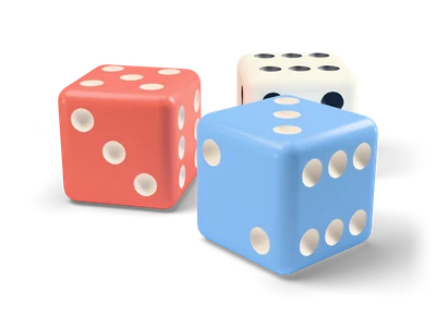 Tres dados en rojo, azul claro y crema con puntos redondos blancos y oscuros