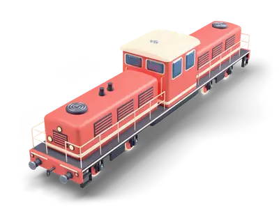 Locomotora diésel roja de cabina central con franjas crema, rejillas oscuras, barandillas crema y dos bogies oscuros