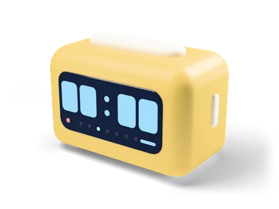 Butter yellow digital alarm clock with dark display showing four glowing blue blocks and a cream snooze bar on top