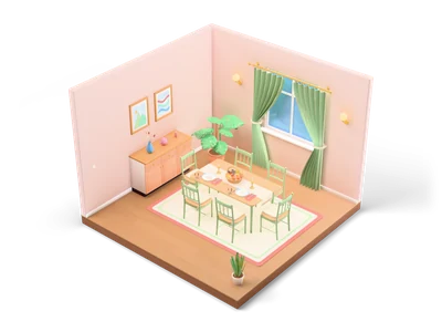 Isometric dining room with rose walls, oak table with six sage chairs on a rug, green curtains, wall lights and peach sideboard