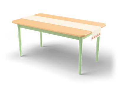 Long oak dining table on sage green tapered legs with a cream table runner hanging over both ends