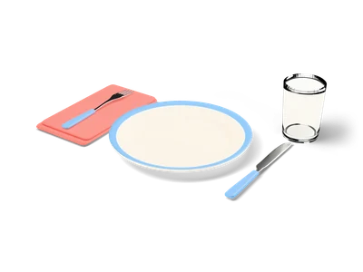 Place setting with cream plate with blue rim, coral napkin with fork, knife and a clear glass