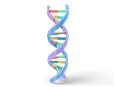 Pastel DNA double helix with blue and lavender strands and coral, mint and yellow base pairs