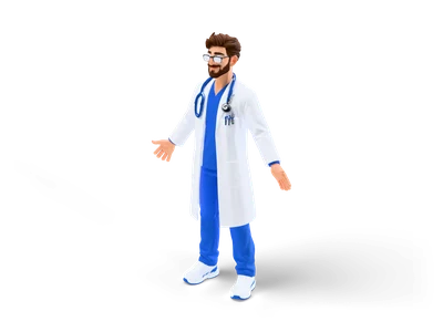 Smiling stylized doctor with glasses and beard in a white lab coat over blue scrubs, with a stethoscope