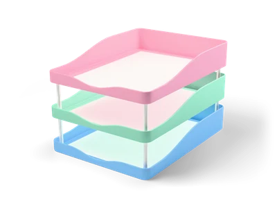 Tres bandejas apiladas en azul cielo, menta y rosa con postes blancos y hojas de papel en blanco
