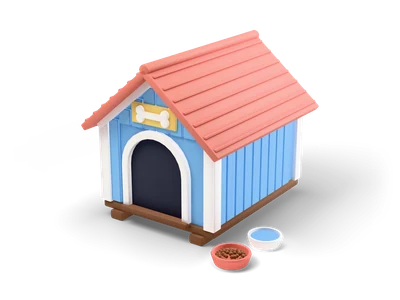 Himmelblaue Hundehütte mit Korallendach, Rundbogeneingang, Knochen-Schild und zwei Näpfen