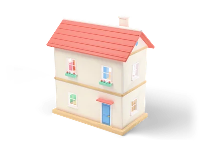 Cream two-storey wooden doll house with coral shingle roof, chimney, flower boxes and a blue front door