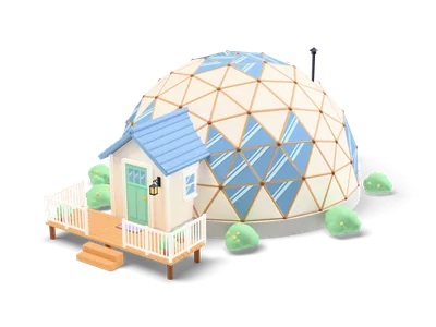 Cream geodesic dome house with wooden struts, blue glass triangles, small entrance porch with mint door and wooden deck