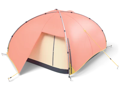 Coral dome tent with crossed grey poles, open front vestibule showing a cream inner tent, mustard guylines