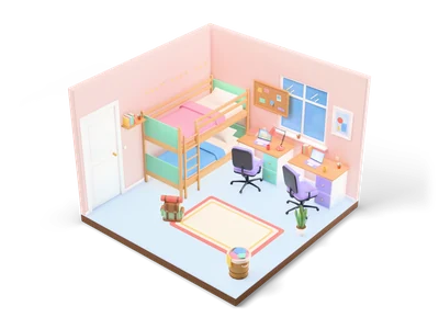 Isometric dorm room with bunk bed and fairy lights, two desks with laptops under the window, office chairs and striped rug