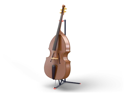 Reddish brown upright double bass with brass tuners leaning back in a black floor stand
