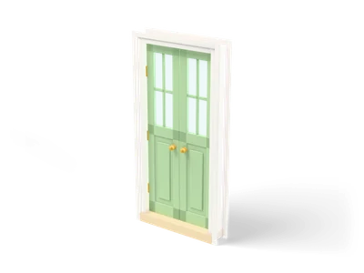Sage green double door with small glazed upper windows, golden knobs and a white frame on a sandstone threshold