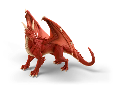 Red four-legged dragon with spread wings, cream belly plates, ivory horns and a long spiked tail