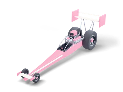Long pink dragster with a pointed nose, small front wheels, big black rear tires and a white rear wing