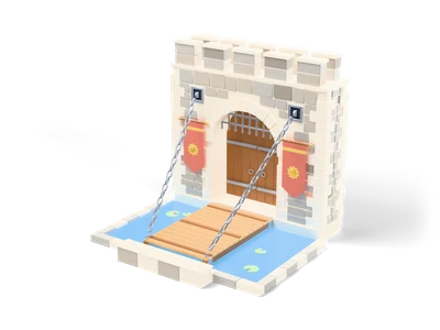 Stone castle gate with lowered wooden drawbridge over a small moat, iron chains and red sun banners