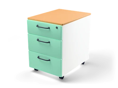 White rolling drawer unit with a honey wood top, three mint drawers with dark handles and small casters
