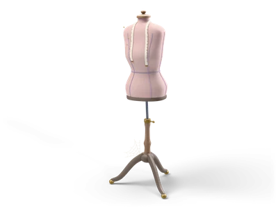 Pink linen dress form torso with a cream tape measure around the neck on a dark wooden tripod stand