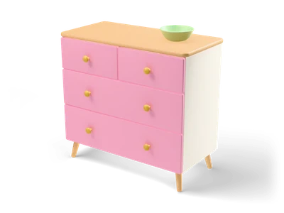 Cream chest of drawers with four pink drawers, gold knobs, an oak top and a green bowl