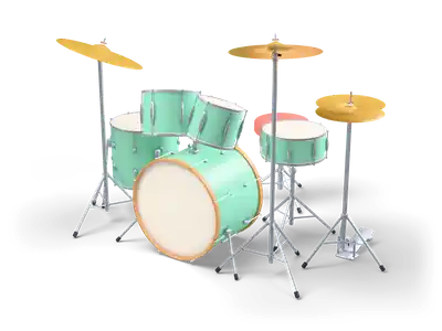 Mint pastel five-piece drum kit with cream drum heads, brass cymbals on stands and a round throne