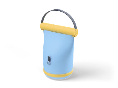 Light blue waterproof dry bag with a yellow rolled top and a black buckled carry handle