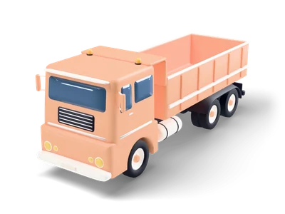 Apricot three-axle dump truck with flat cab, amber roof beacons, open dump body and black chassis