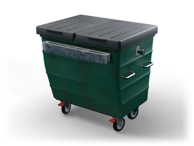 Contenedor de basura verde musgo con ruedas, dos tapas negras, asas de empuje y cuatro ruedas