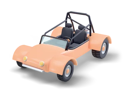 Peach beach buggy with round fenders, a black roll cage, two dark seats and an exposed engine at the back
