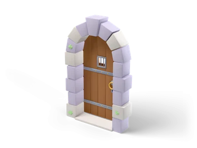 Arched oak dungeon door in a lilac stone frame with iron bands, barred peephole and gold ring knocker