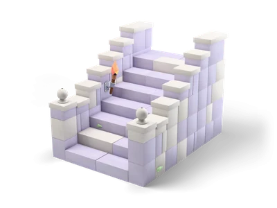 Lilac stone dungeon staircase with side walls, stone ball posts, top landing and burning wall torch