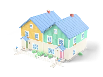Semi-detached house with two front gables in butter yellow and mint siding, blue roofs, porches and white picket fence