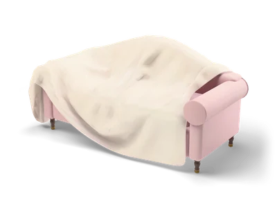 Sofa covered by a yellowed white sheet that slid off one end, revealing a pink rolled arm and dark wooden legs