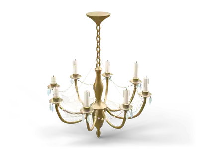 Gold brass chandelier with eight curved arms holding short white candles, glass drops and bead chains hanging from a chain