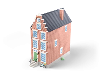 Narrow red brick Dutch canal house with stepped gable, hoisting beam, white sash windows, stoop with railings and bicycle