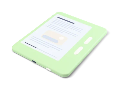 Sage green e-reader lying screen up with a light gray page of abstract text lines and two page-turn buttons