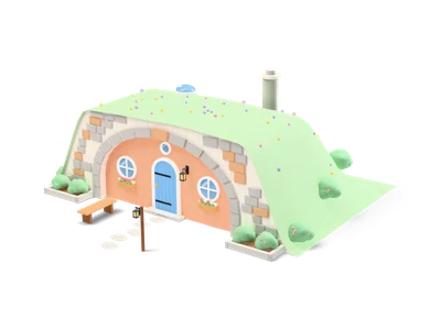 Grass-covered hill house with a stone arch, peach facade, round windows and a blue arched door with stepping stones