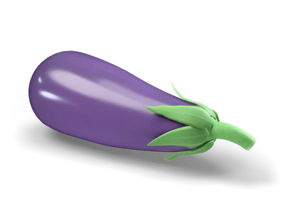 Stylized glossy purple eggplant with a green calyx and stem lying on its side