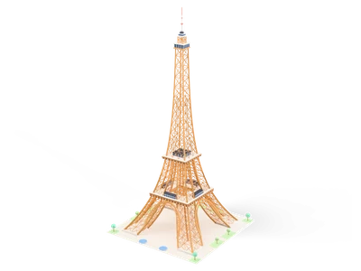 Torre Eiffel de celosía color bronce miel con patas curvas, grandes arcos y tres plataformas sobre una plaza verde con dos estanques redondos